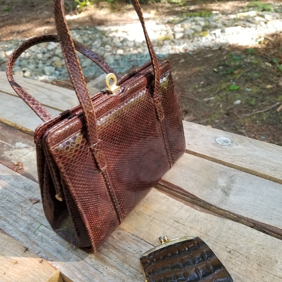 Snakeskin Purse & Coinbag Judith Leiber Coach Clasp Handles Brown Gold Leather - Picture 5 of 9